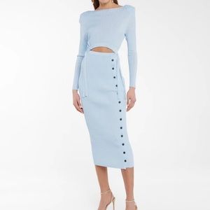 Self Portrait Cut Out Viscose Rib Knit Midi Dress Baby Blue
